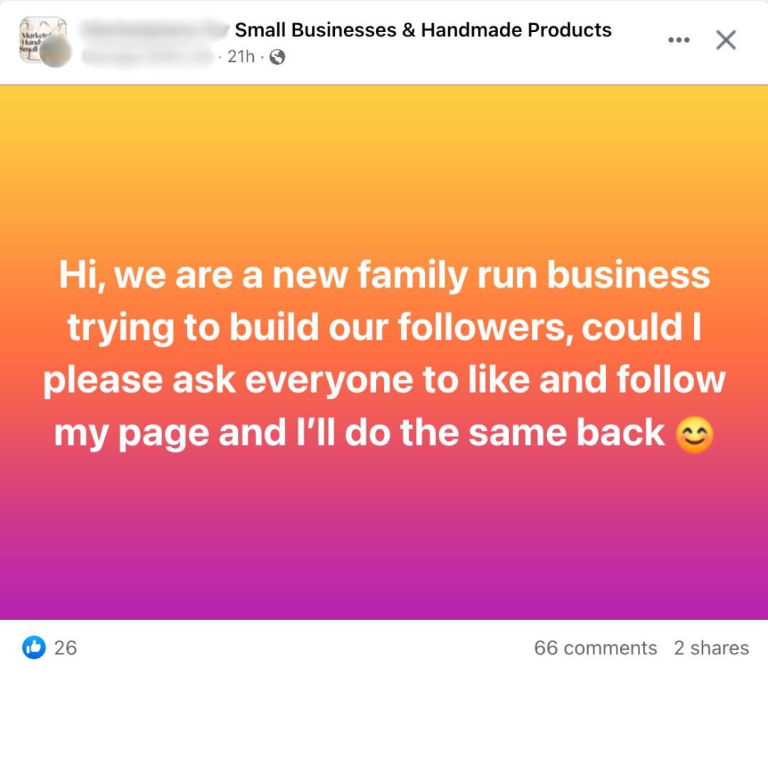 A screen shot of a social post asking random people to follow a page. 