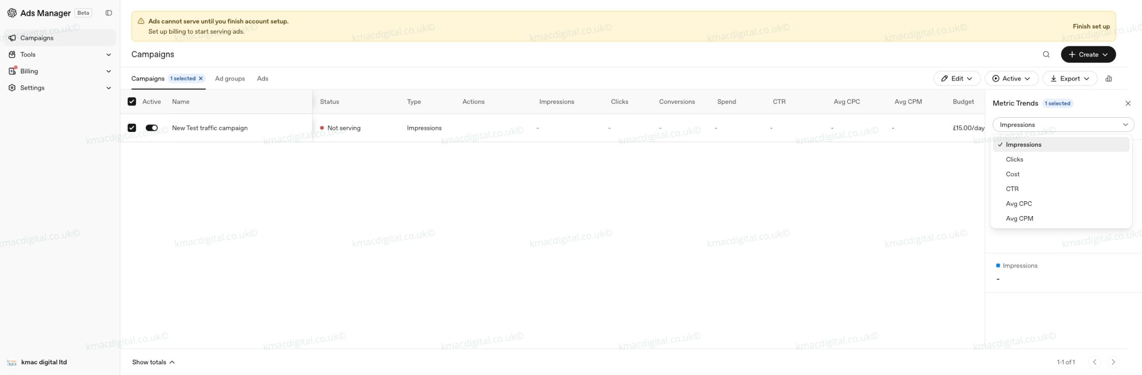 chatgpt ads campaigns dashboard — overview of the ads manager interface kmac digital