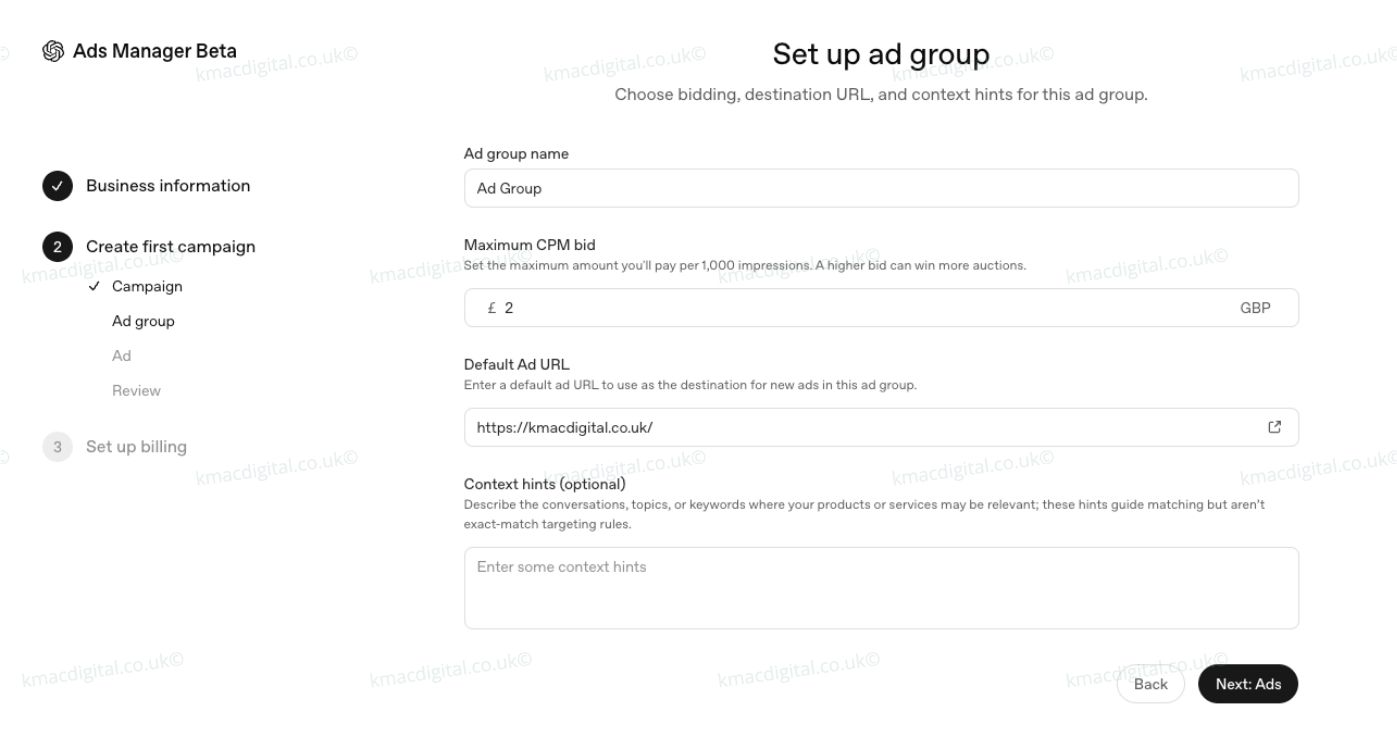 chatgpt ads manager ad group setup kmac digital