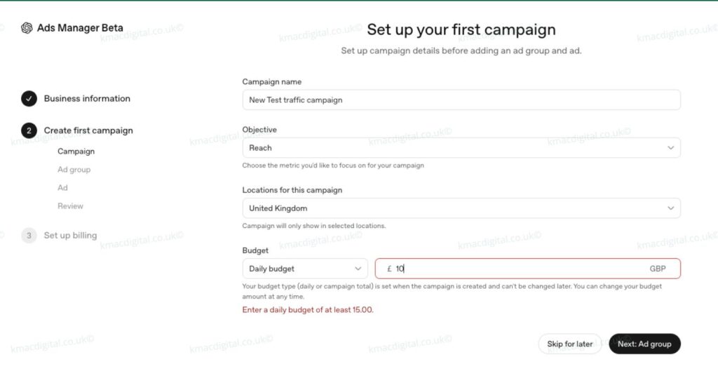 chatgpt ads manager campaign setup kmac digital