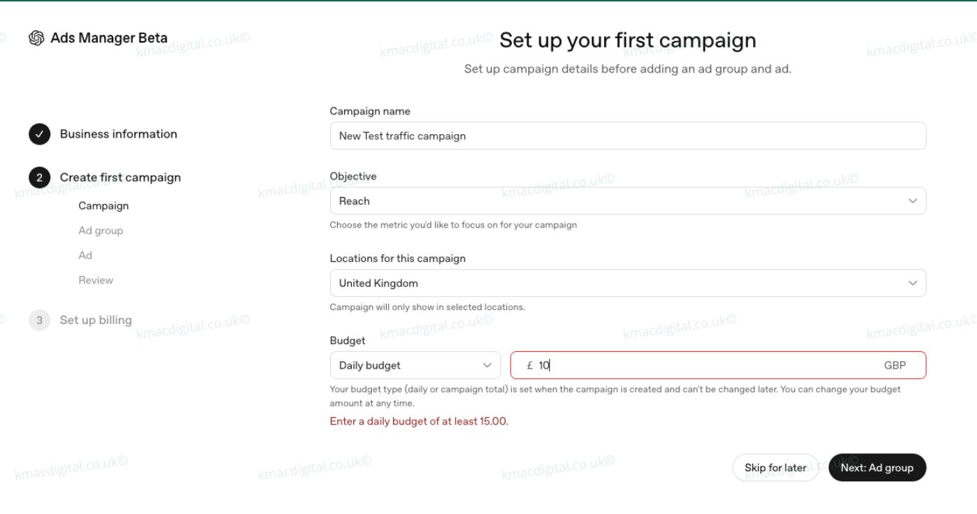 chatgpt ads manager campaign setup kmac digital