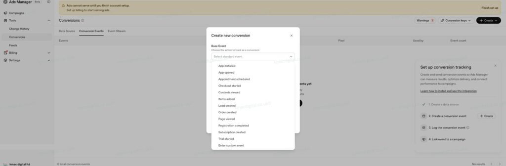 chatgpt ads manager conversion events kmac digital