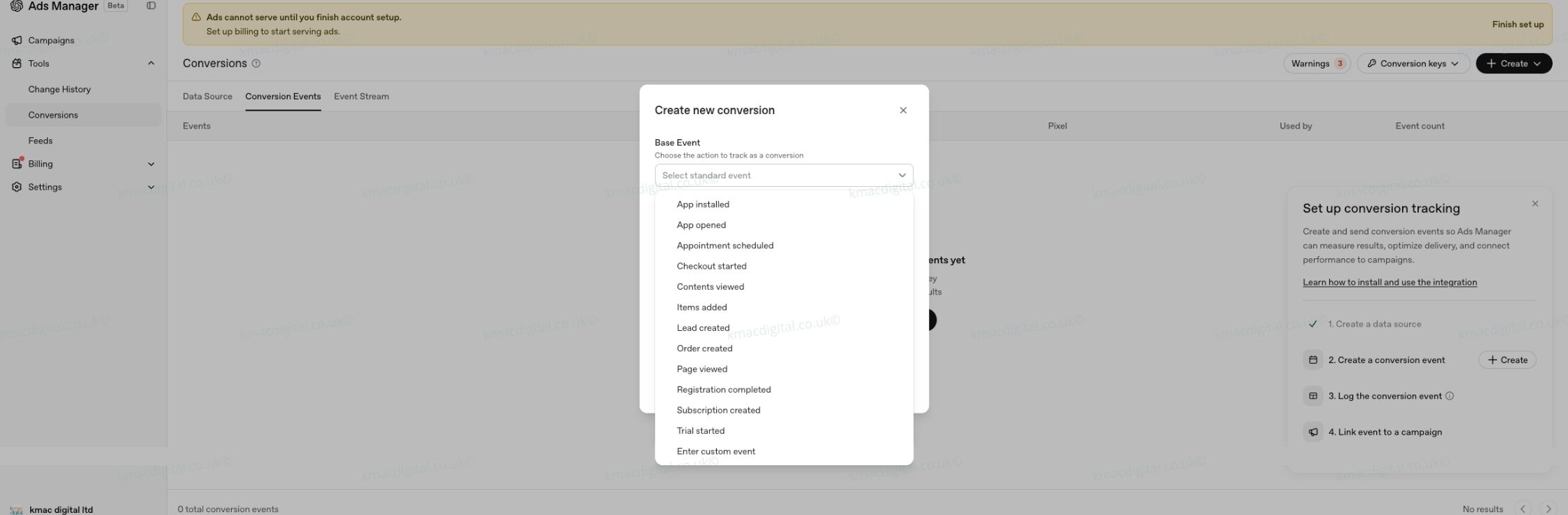 chatgpt ads manager conversion events kmac digital