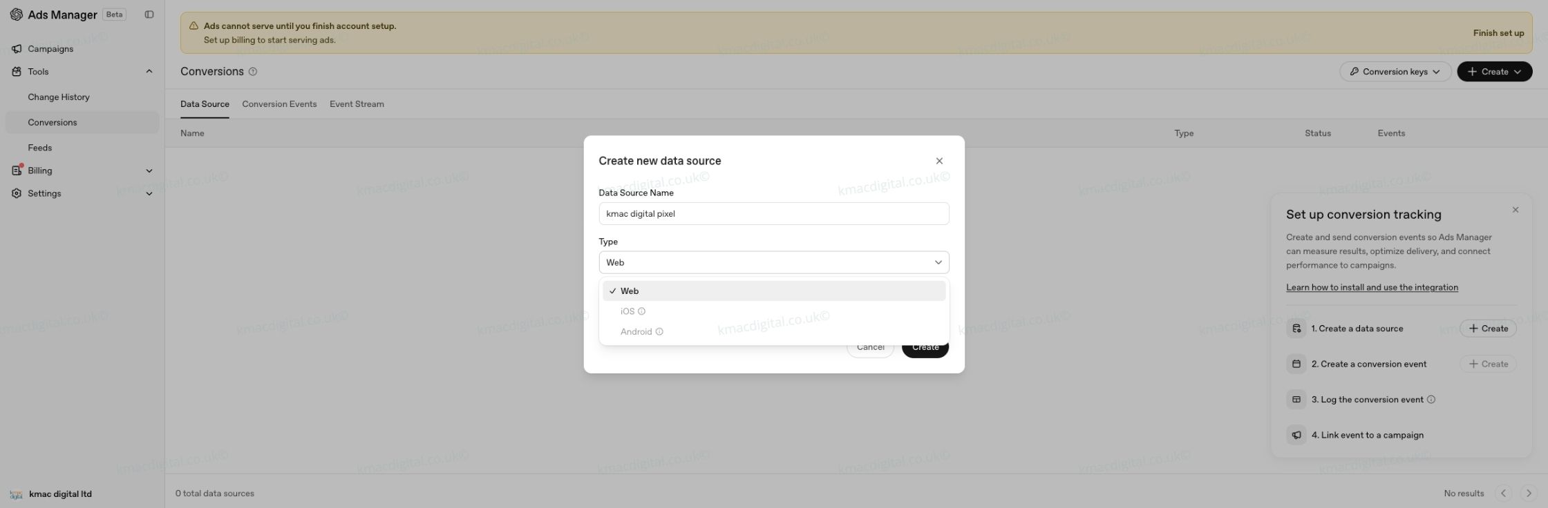 chatgpt ads manager pixel options kmac digital