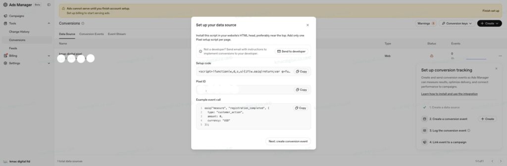 chatgpt ads manager pixel setup kmac digital