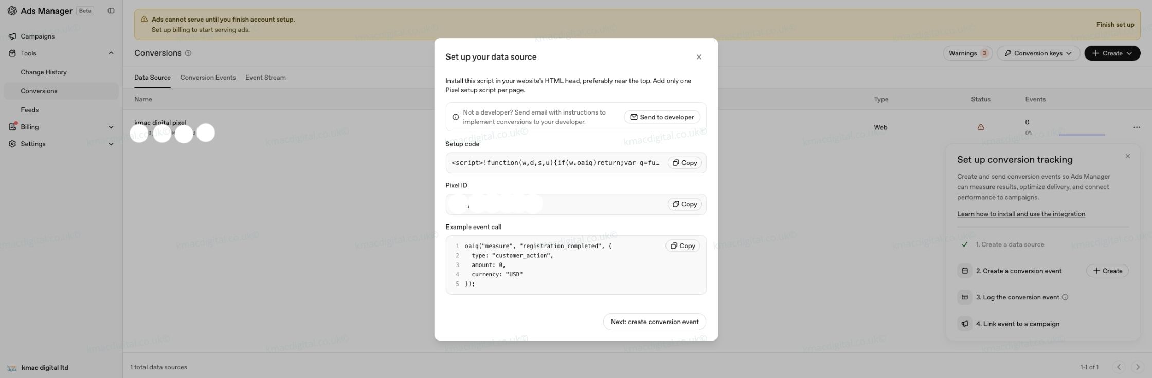 chatgpt ads manager pixel setup kmac digital