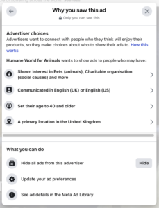 humane world for animals charity facebook ad why am i seeing this ad 2 kmac digital