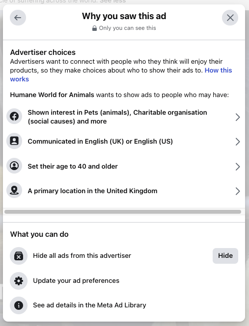 humane world for animals charity facebook ad why am i seeing this ad 2 kmac digital