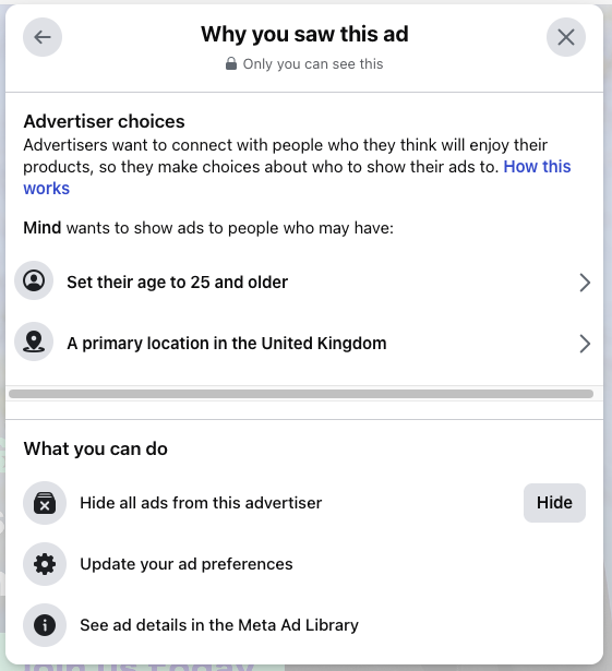 mind charity facebook ad why am i seeing this ad 2 kmac digital