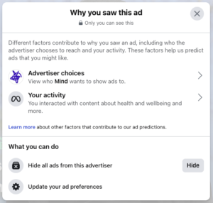 mind charity facebook ad why am i seeing this ad kmac digital