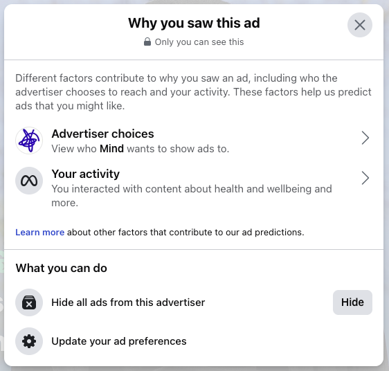 mind charity facebook ad why am i seeing this ad kmac digital