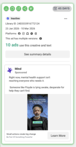 mind charity facebook meta ads library 4 kmac digital